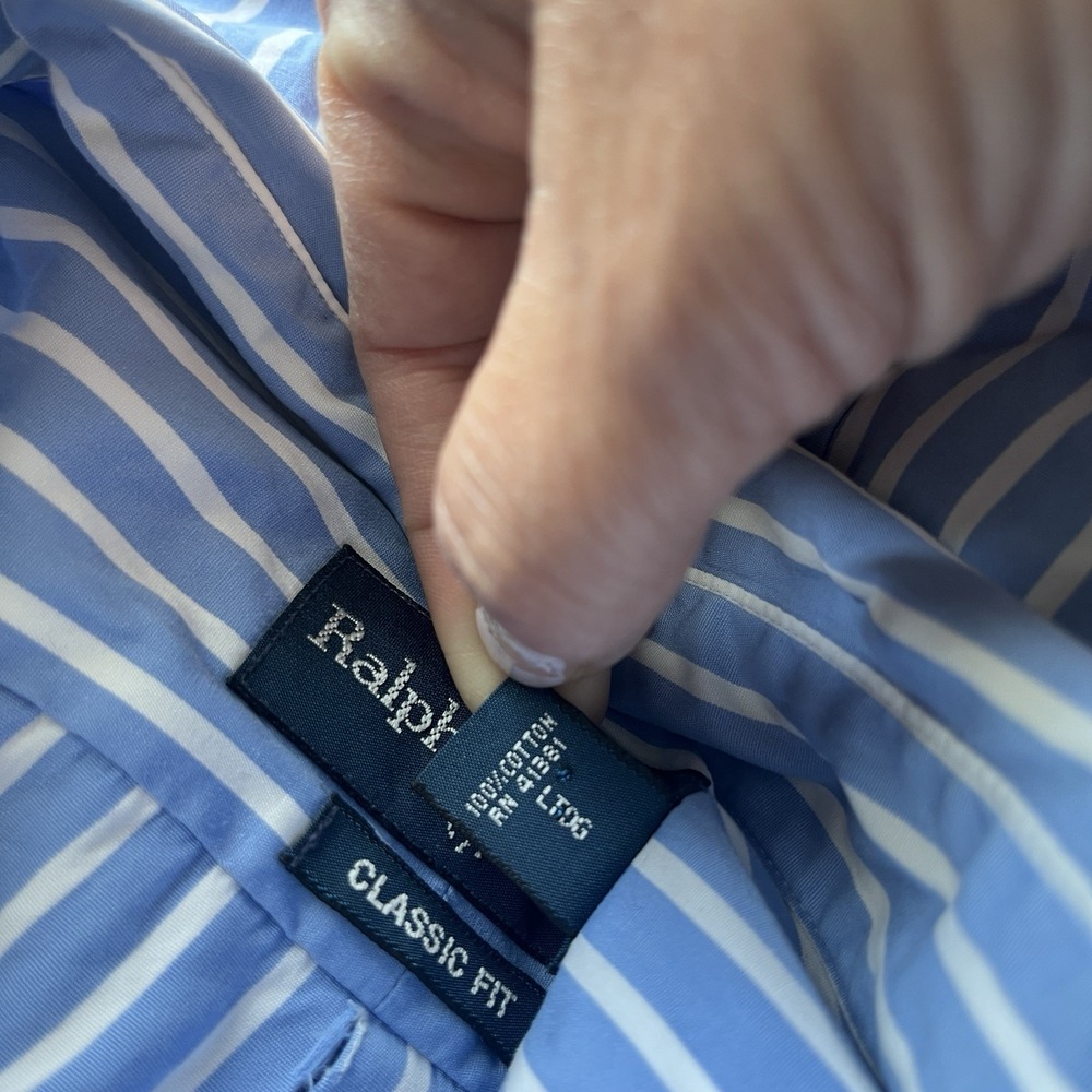 Ralph Lauren Shirt Men's L 16.6 Blue Striped Long Sleeve Button Pink Pony - Picture 9 of 12